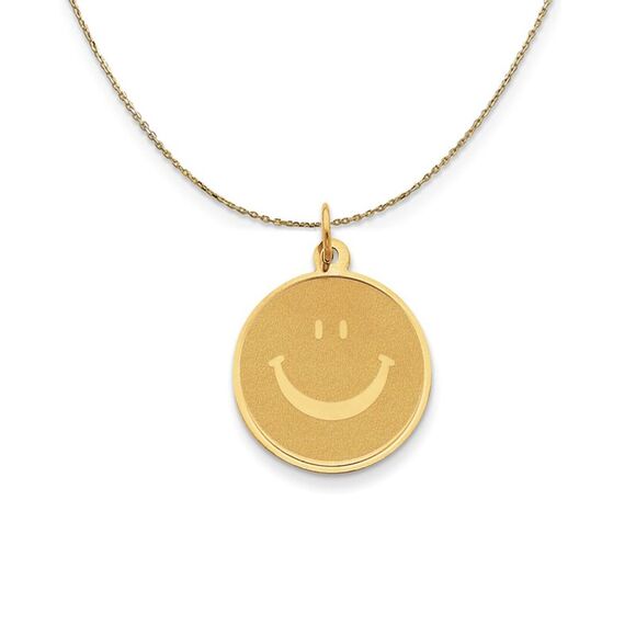 14k Yellow Gold Polished & Textured Smiley Face Necklace - 24 Inch - Picture 1 of 7